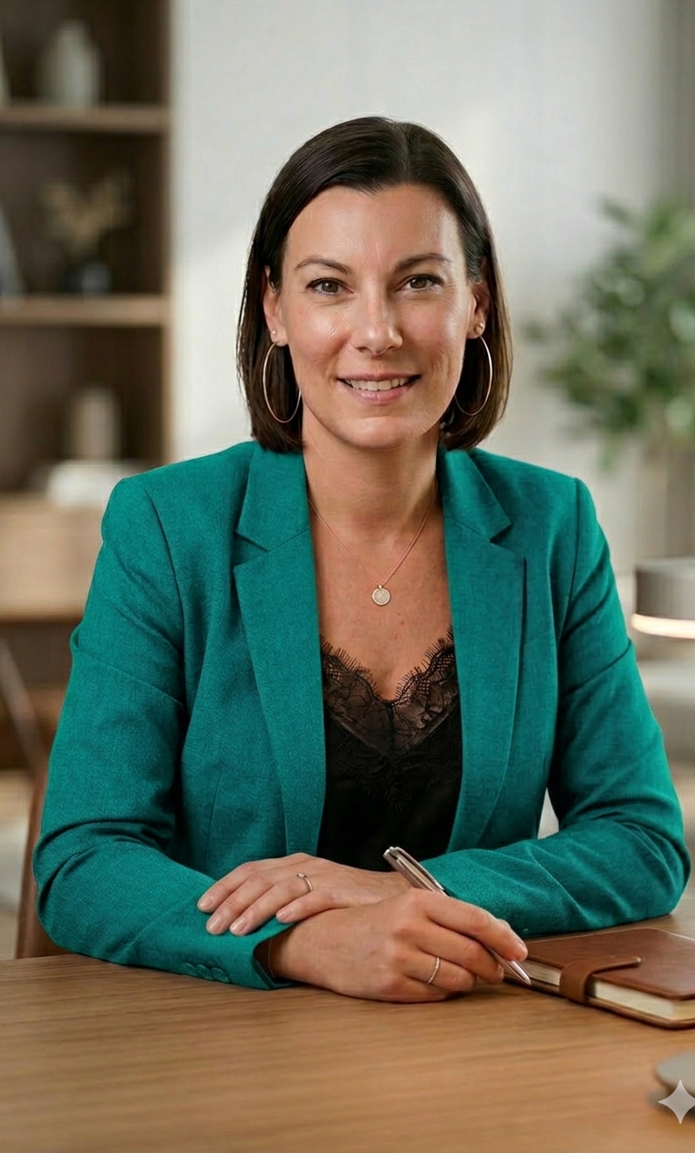 Photo Anne-Sophie Femme souriante en veste verte, assise à une table, avec un carnet et un stylo.